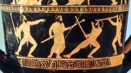 Calyx-krater à figures rouges attiques représentant (en haut) les exploits de Thésée et (en bas) les satyres Sikinnis, Komos et Simos allumant des torches avec des charbons que Prométhée porte dans une tige de fenouil, vers 420 av. J.-C. (poterie)